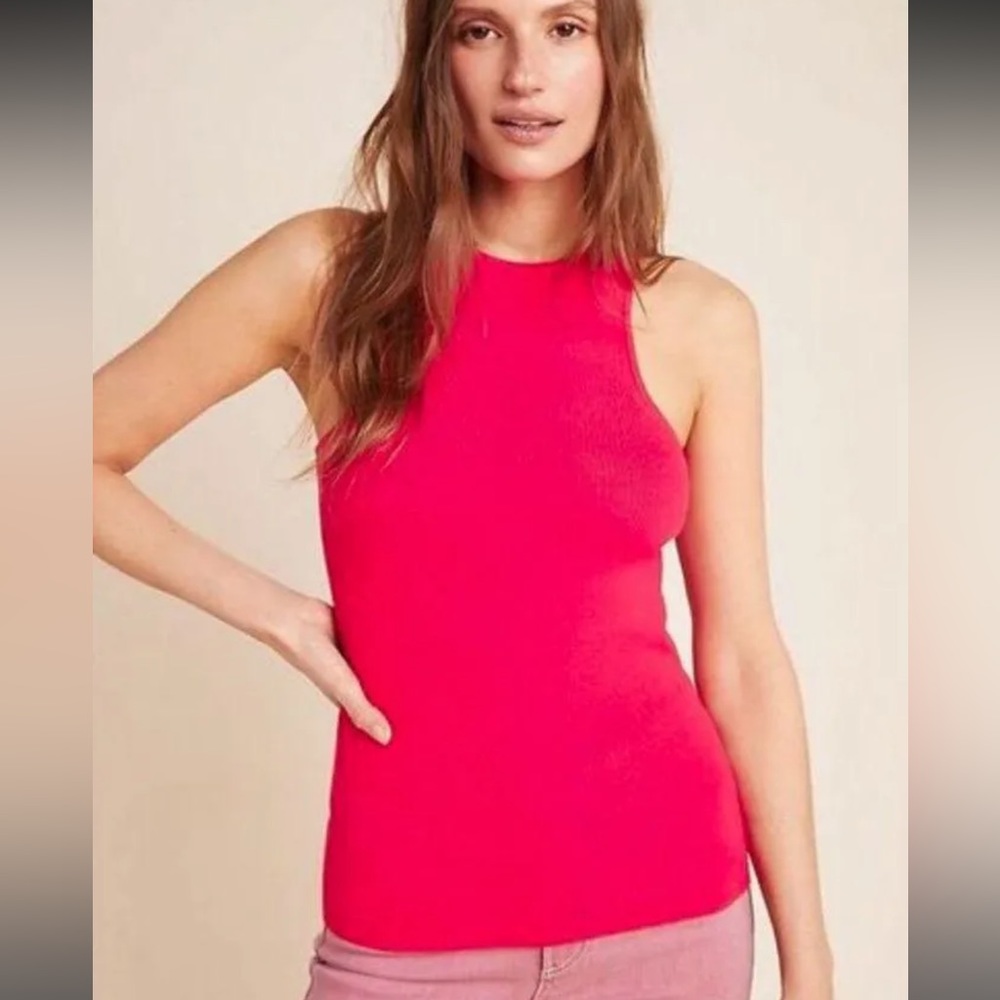 Anthropologie High Neck Tank Top Shirt Womens L LP Petite Neon Pink Red Coral